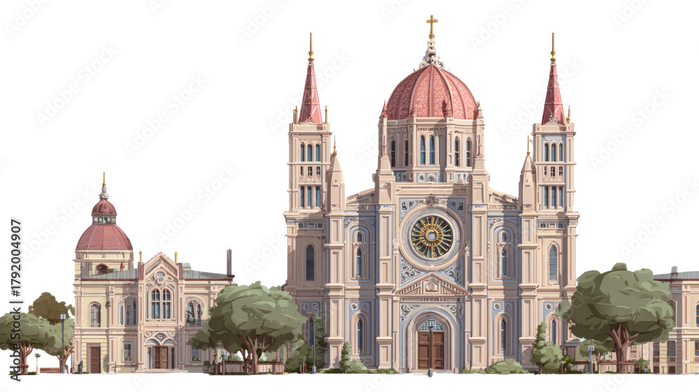 Obraz premium The famous gothic architecture of the Hungarian Parliament Building and the historic Catholic St Stephen's Basilica landmark in Budapest, Europe