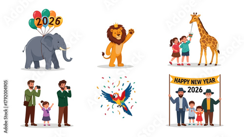 New Year 2026 Celebration with Animals: Festive illustration of various animals adorned with balloons and confetti, each element radiates joy.