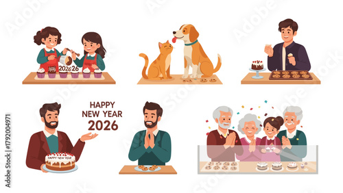 Sweet Delights and Warmth: Capturing heartwarming scenes of crafting cupcakes, loving pets, creating delightful food, and sharing in the joy of the New Year, and bakery.