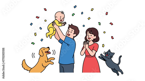 Joyful Family Celebration: A loving family, including a baby, joyful parents, a playful dog, and a lively cat, celebrates a special moment filled with laughter, love, and colorful confetti.