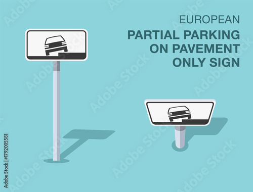 Traffic regulation rules. Isolated european "partial parking on pavement only" road sign. Front and top view. Flat vector illustration template.