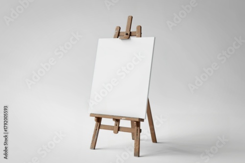 a weathered wooden easel holding a blank, crisp white canvas