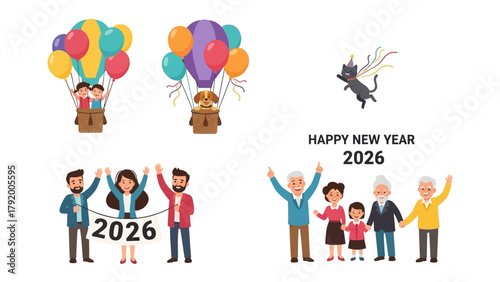 Celebration 2026: A composite image captures a vibrant celebration, with diverse groups of people, dogs, and cats joyfully welcoming the new year.