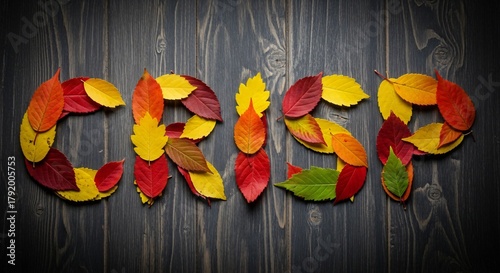 The word crisp spelled out with colorful autumn leaves arranged on a dark wooden surface, evoking the feeling of fall season