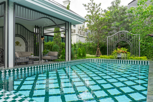 Backyard home patio and swimming pool for leisure lifestyle,