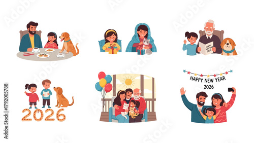 New Year Family Illustration: A heart warming illustration showing the different images of families celebrate the new year, embracing love, happiness, and togetherness.