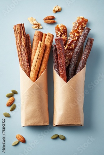 Assortment of dried fruit and nut bars presented in paper cones with scattered almonds and pumpkin seeds on a blue textured surface