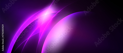 Abstract purple light curves radiate from bright center. Dark background creates dramatic visual effect. Smooth gradients define shapes.