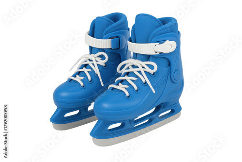 Pair of blue ice skates with white laces and straps, ready for winter sports, recreation, and enjoyable ice skating