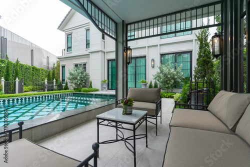 Backyard home patio and swimming pool for leisure lifestyle,