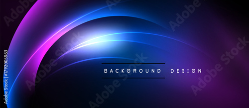 Abstract neon curves create dynamic background. Vivid blues, purples blend into darkness. Text reads background design.