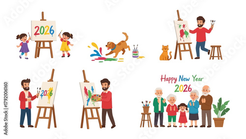 Artistic Year Celebration: Scenes of painting and family, set against the backdrop of 2026, celebrate the New Year with artistic expression and community spirit.