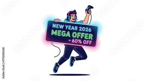 Mega Offer in 2026: An illustration of a gamer holding a controller and banner announcing a new year mega offer, with a discount. 