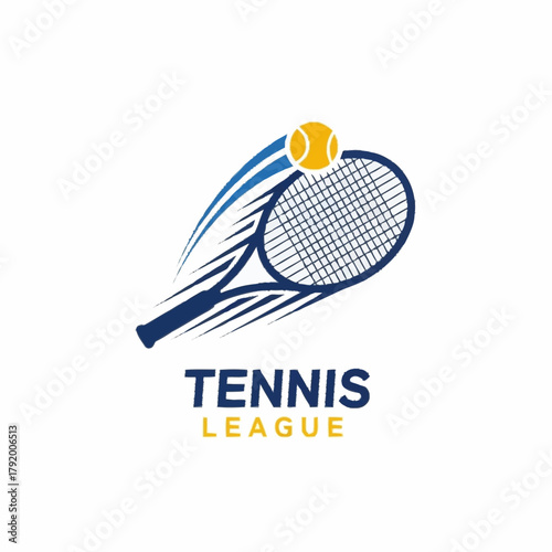 Dynamic Tennis League Logo with Racket and Ball in Motion.