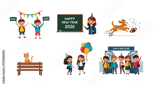 New Year's Celebration illustrations: A set of six delightful illustrations capturing the spirit of a Happy New Year, featuring cheerful children, animals, and celebratory elements.