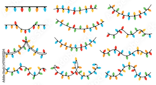 Collection of colorful festive christmas string lights in various arrangements and shapes on a white background