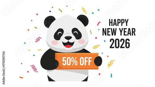 New Year Panda Sale: A charming panda character holds a sale sign, offering a generous 50% discount against a festive backdrop of confetti and streamers, perfectly set to celebrate the New Year 2026.