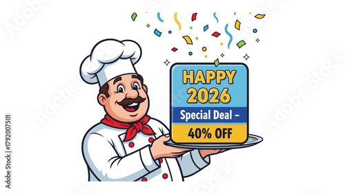 Culinary Celebration: A cheerful chef proudly presents a special offer for the year 2026, a 40% discount, accompanied by festive confetti, setting the stage for delightful savings.