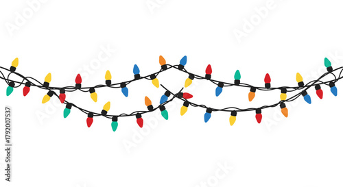 A string of colorful christmas lights garland decoration on a white background
