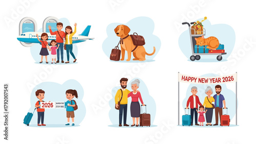 New Year's Travel Set: A joyful compilation of illustrations depicting diverse travel scenarios, featuring families, pets, and the promise of new adventures, with a New Year's theme.