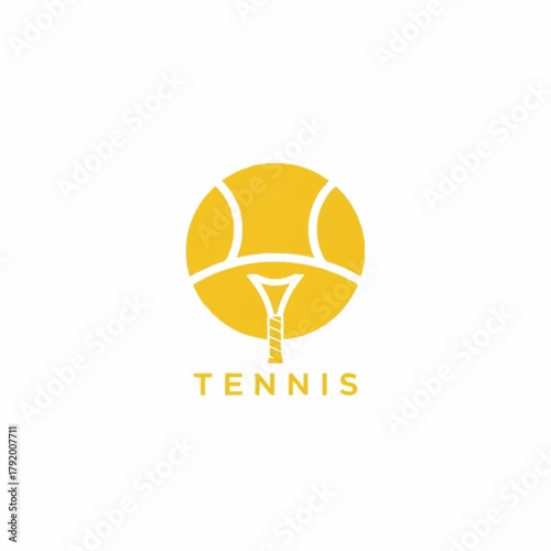 Minimalist Tennis Logo Design with Yellow Ball and Racket Silhouette.