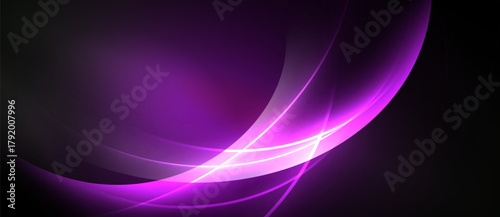 Abstract purple waves, glowing lines, dark background. Smooth curves create dynamic visual effect. Minimalist design, modern aesthetic.