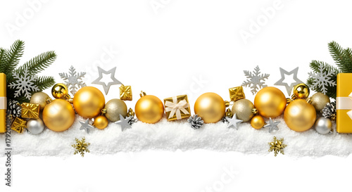 Festive christmas border with golden baubles, gifts, snowflakes, and pine branches on a snowy base, isolated on transparent background