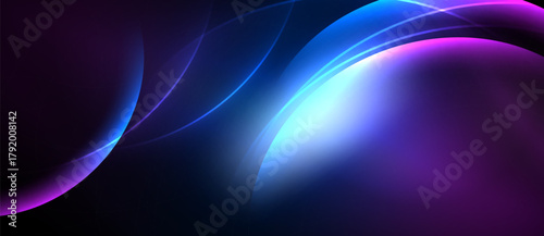 Abstract flowing shapes, vibrant purple, blue hues dominate dark background. Smooth gradients create dynamic visual effect.