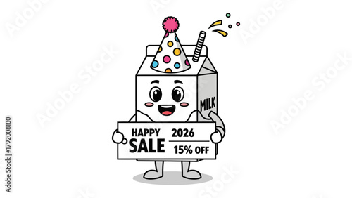Happy Milk Sale: A jovial milk carton character heralds the new year sale, offering a tempting 15% discount. This cartoon captures the spirit of celebration and value.