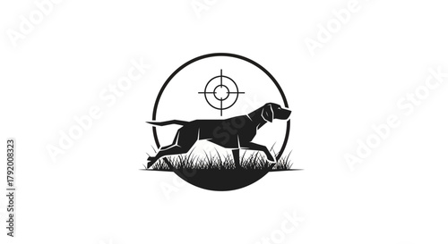 Silhouette of a focused hunting dog with a target sight emblem in grayscale nature background