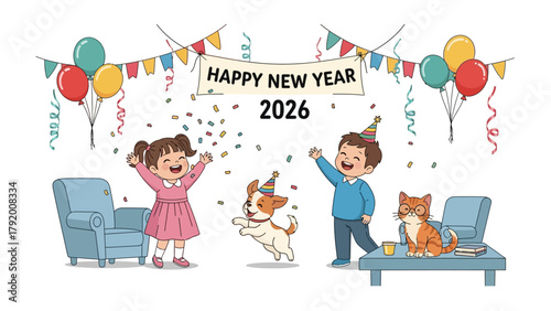 New Year's Celebration: A delightful illustration captures the essence of a joyous New Year celebration, featuring animated children, a playful puppy, a cozy kitten, and festive decorations.