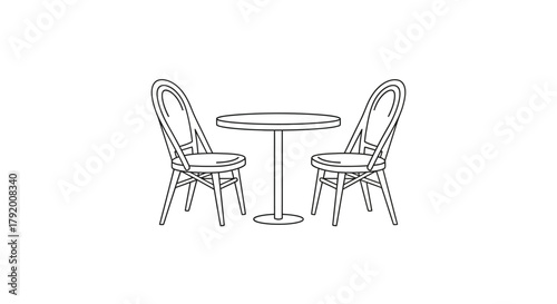 Elegant black and white line drawing featuring a cafe table and chairs scene of invitation and
