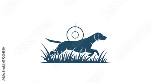 Hunting dog logo concept amidst grass and target, designed in a minimalistic and modern style