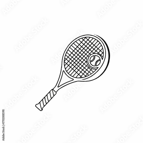 Tennis racket and ball illustration showing sport equipment in detail.