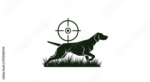 Hunting dog silhouette with a target, focused canine on the grass field ready to hunt