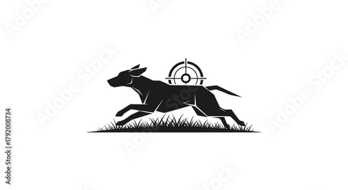 Silhouette illustration of a hunting dog running through grass with target centered on its back