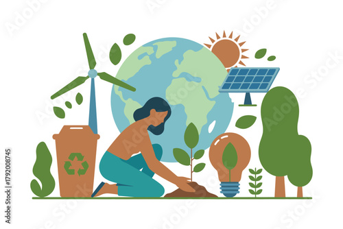 A person plants a seedling next to a wind turbine, solar panel, and lightbulb, symbolizing environmentalism and sustainable energy for the planet.