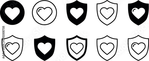 Heart and Shield Icon Set Vector - Love, Protection & Security Symbols