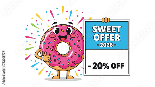 Sweet Offer Delight: An illustrated donut character cheerfully presents a sign board advertising a sweet offer with 20% off. It's a whimsical.