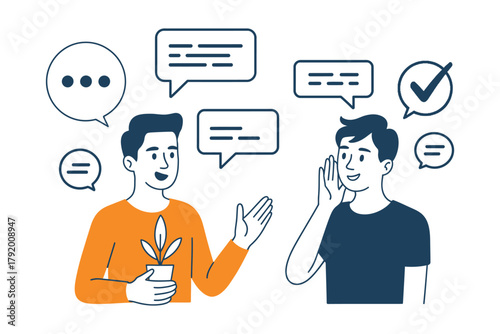 Two men engaged in conversation, with speech bubbles indicating communication and idea exchange.