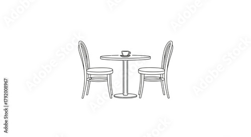 Cozy coffee time illustration with minimalist table and chairs arrangement isolated for creative