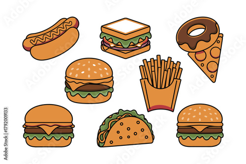 A collection of popular fast food items including hamburgers, hot dogs, tacos, pizza, french fries, and donuts are illustrated.