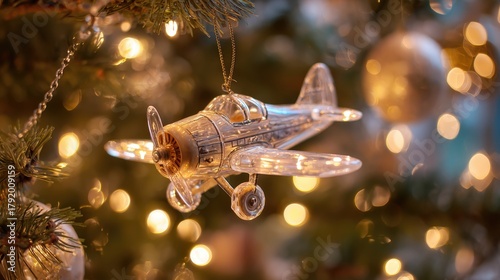 transparent airplane ornament hanging on Christmas tree branch with glowing lights