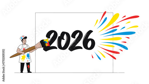 Visualizing 2026: An artist's vibrant brushstroke paints the year 2026 on a clean white canvas, ushering in a future filled with potential and bright prospects. 