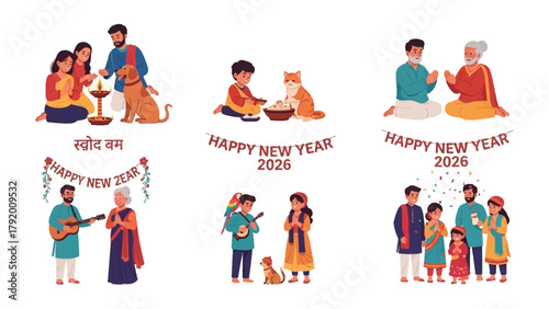 Celebrating New Year Traditions: A vibrant depiction of families engaged in heartfelt New Year rituals, sharing love, joy, and togetherness, beautifully encapsulated in a festive artwork.
