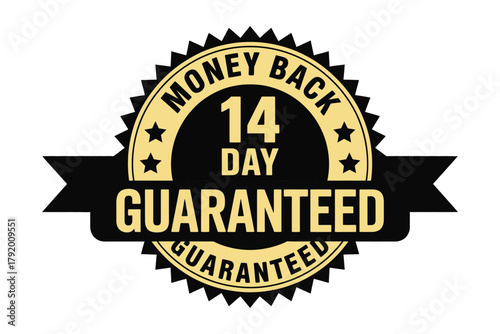A prominent 14-day money back guaranteed emblem is displayed, signifying a customer satisfaction promise and commitment to product return policies for assurance.
