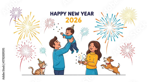 New Year Celebration with Family: A heartwarming family scene as they welcome the New Year with joy, complete with vibrant fireworks and delightful pets. 
