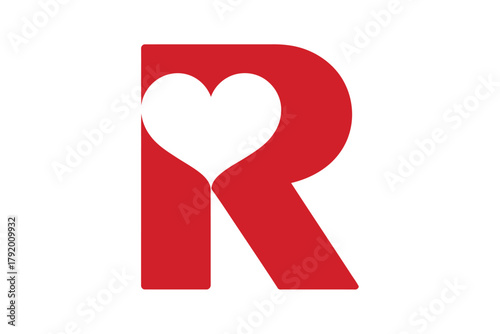 A red letter R with a white heart cutout, symbolizing love and affection within a letterform.