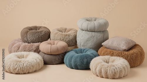 Collection of soft cat beds and cushions in different shapes, fabrics, and colors displayed in a cozy composition on neutral background. Generative AI