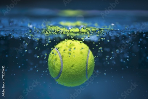 A photo of a vibrant yellow tennis ball submerged in water